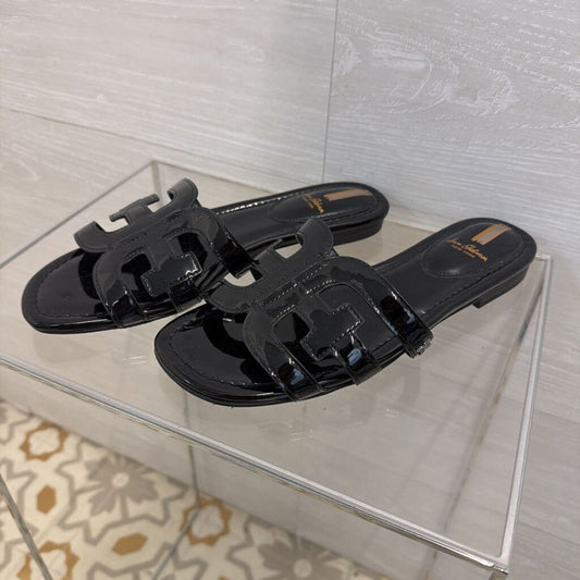 Sam Edelman Black Patent Leather Bay Cutout Slide Sandals 10