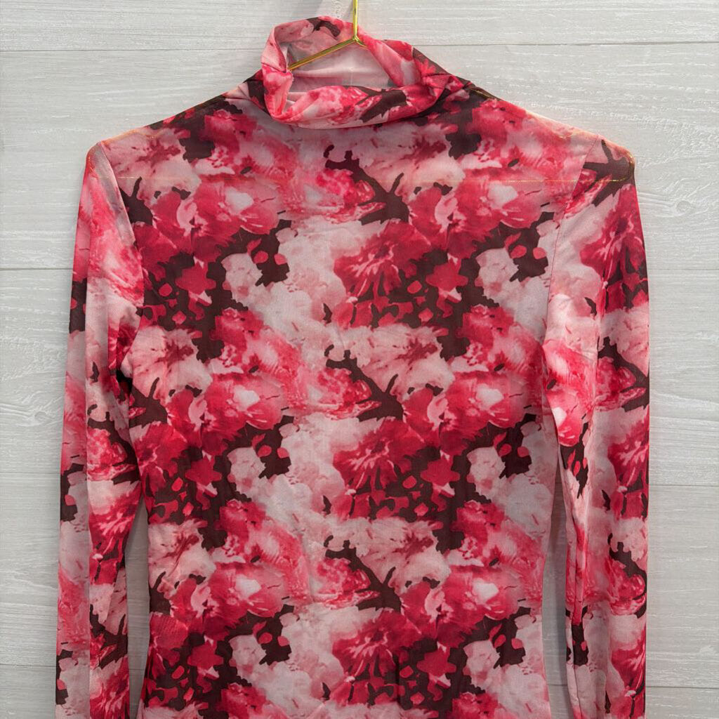 Pink Floral Mesh Long Sleeve Turtleneck Top Small