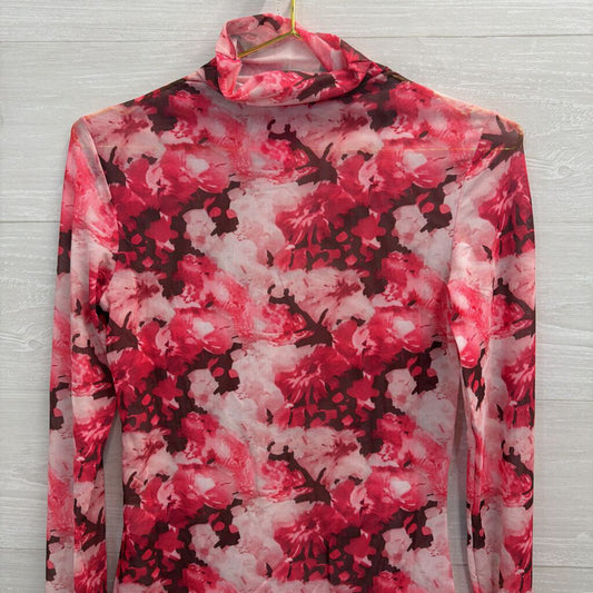 Pink Floral Mesh Long Sleeve Turtleneck Top Small