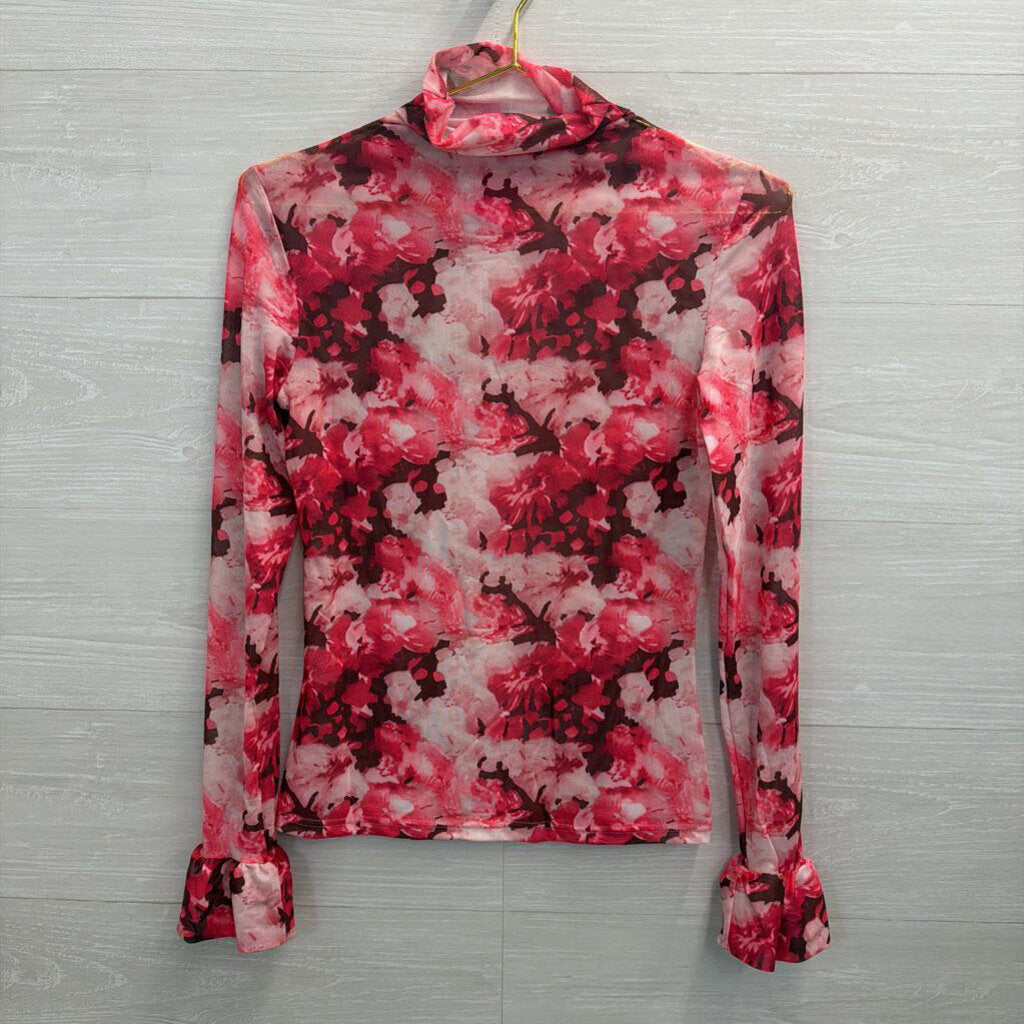Pink Floral Mesh Long Sleeve Turtleneck Top Small