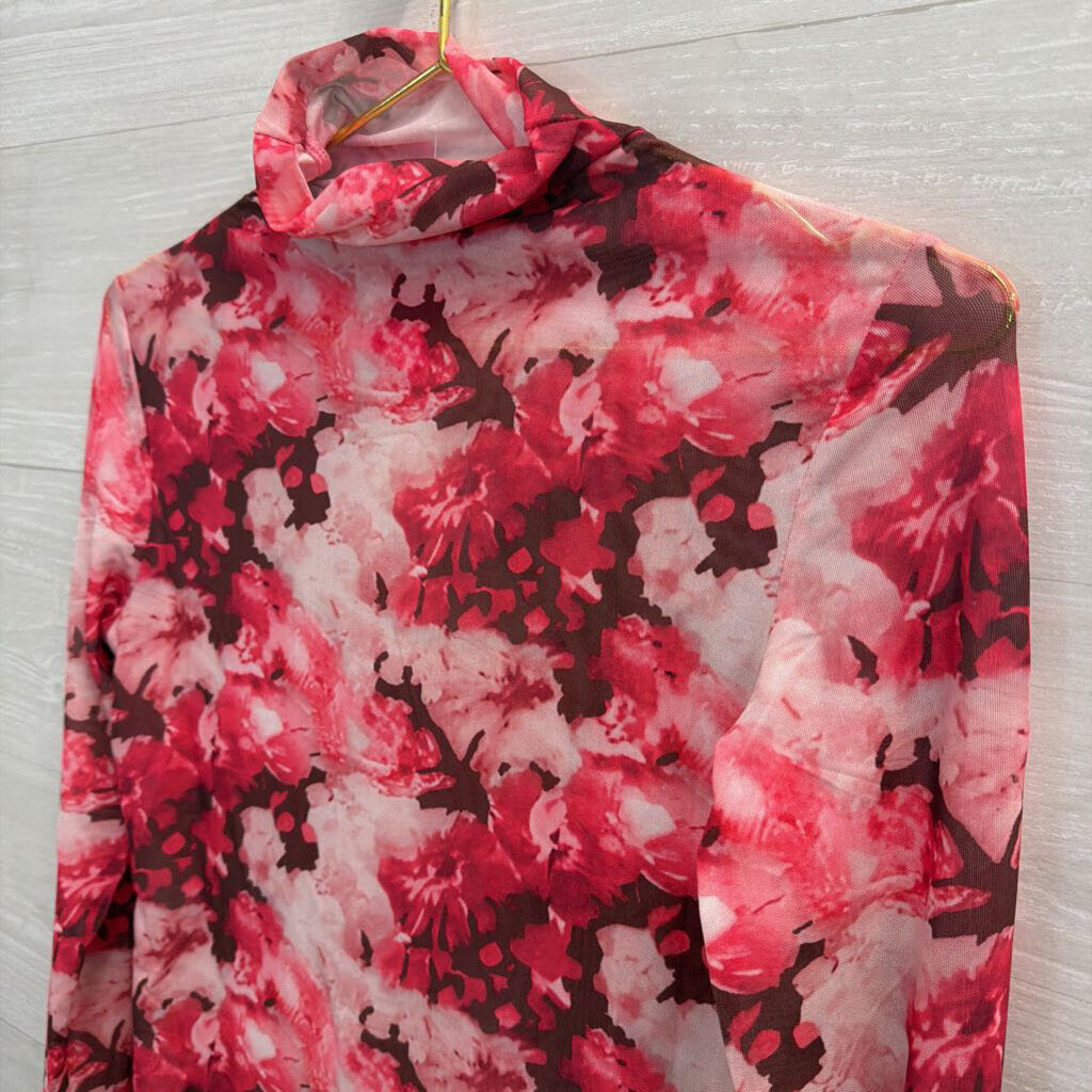 Pink Floral Mesh Long Sleeve Turtleneck Top Small