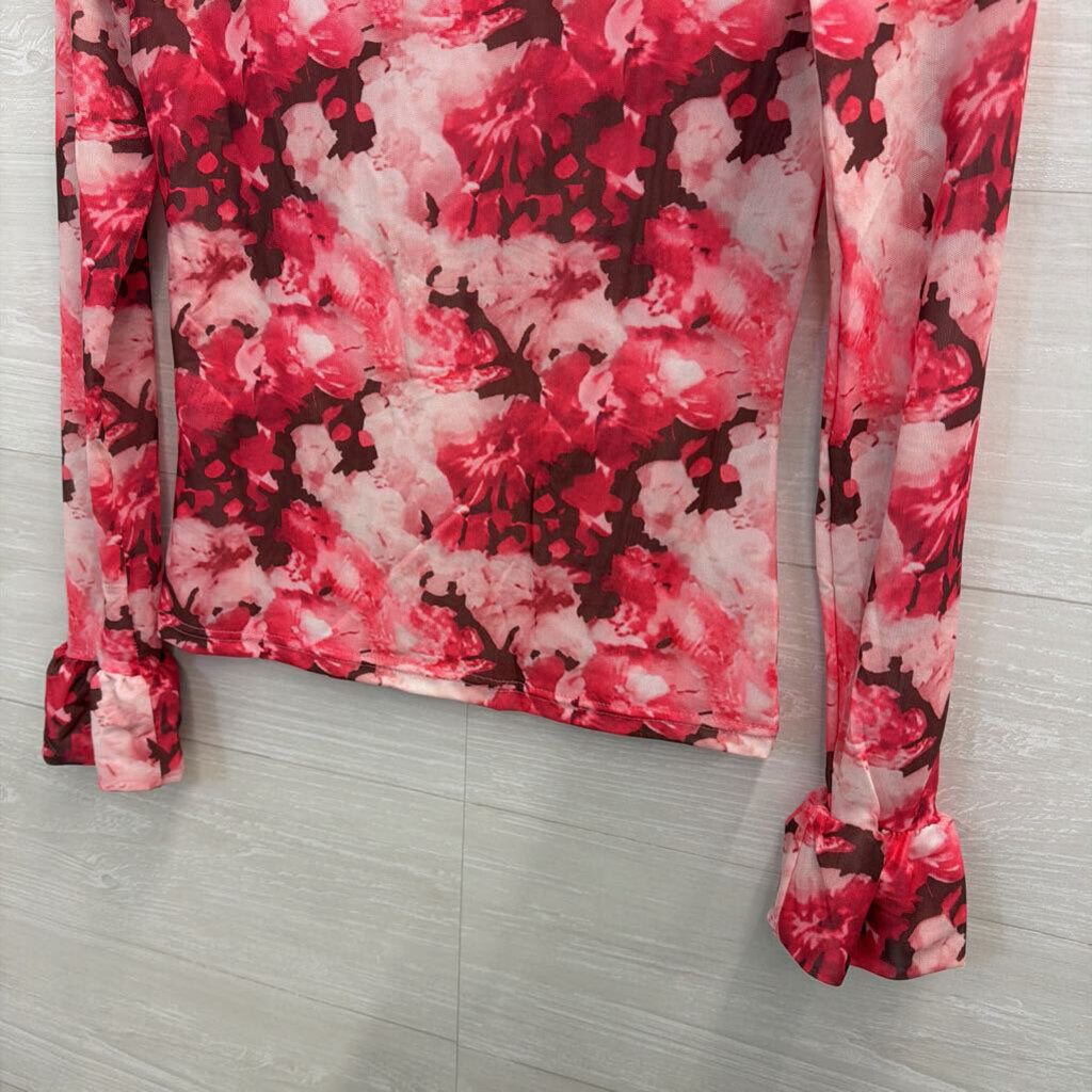 Pink Floral Mesh Long Sleeve Turtleneck Top Small
