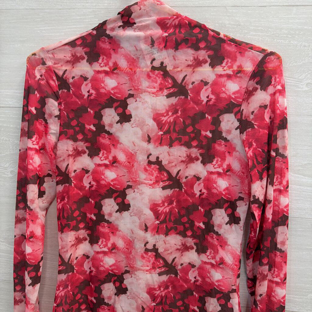 Pink Floral Mesh Long Sleeve Turtleneck Top Small