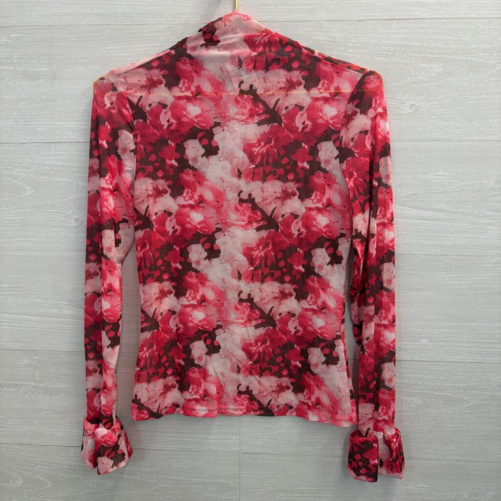 Pink Floral Mesh Long Sleeve Turtleneck Top Small
