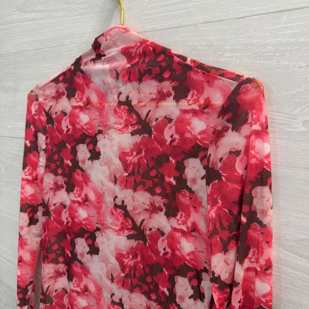 Pink Floral Mesh Long Sleeve Turtleneck Top Small