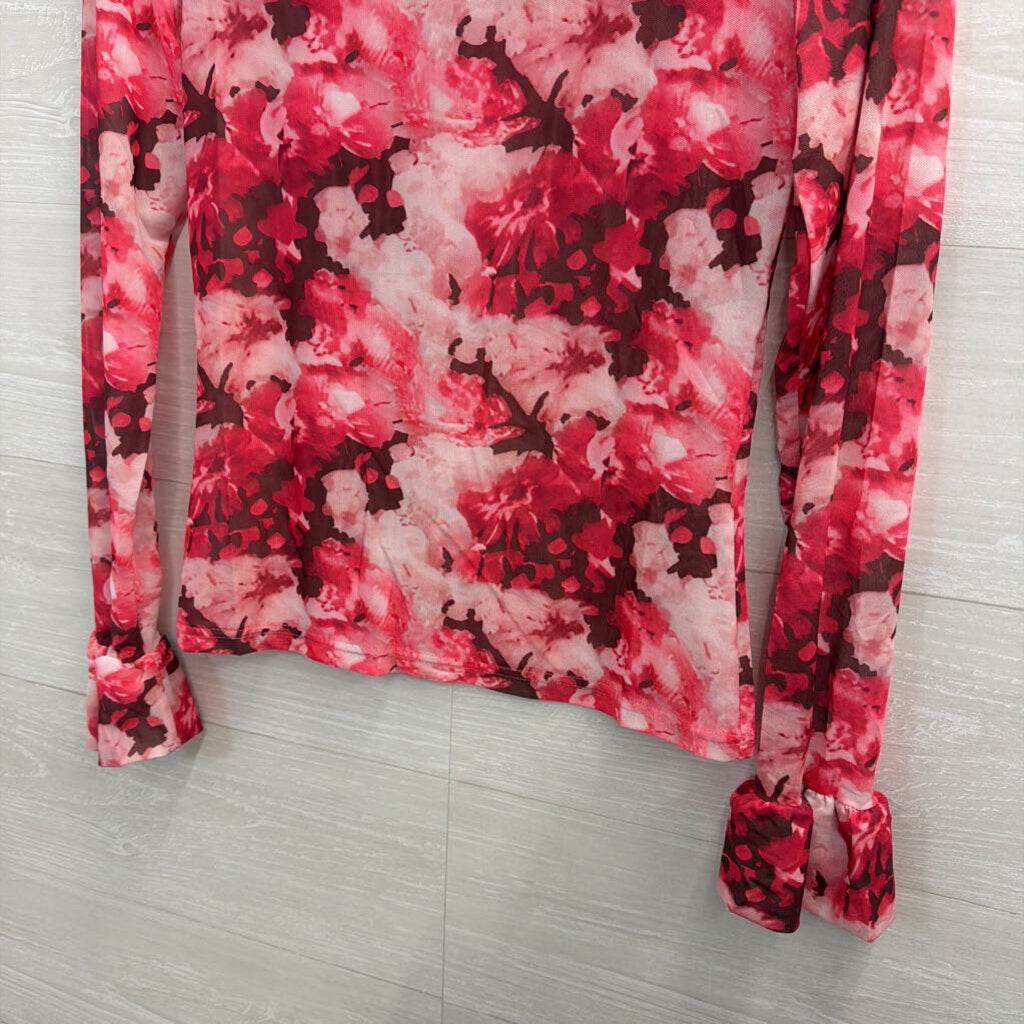 Pink Floral Mesh Long Sleeve Turtleneck Top Small