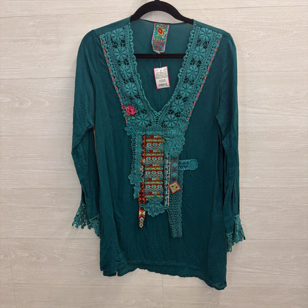 Johnny Was Green Embroidered Long Sleeve V Neck Top Small
