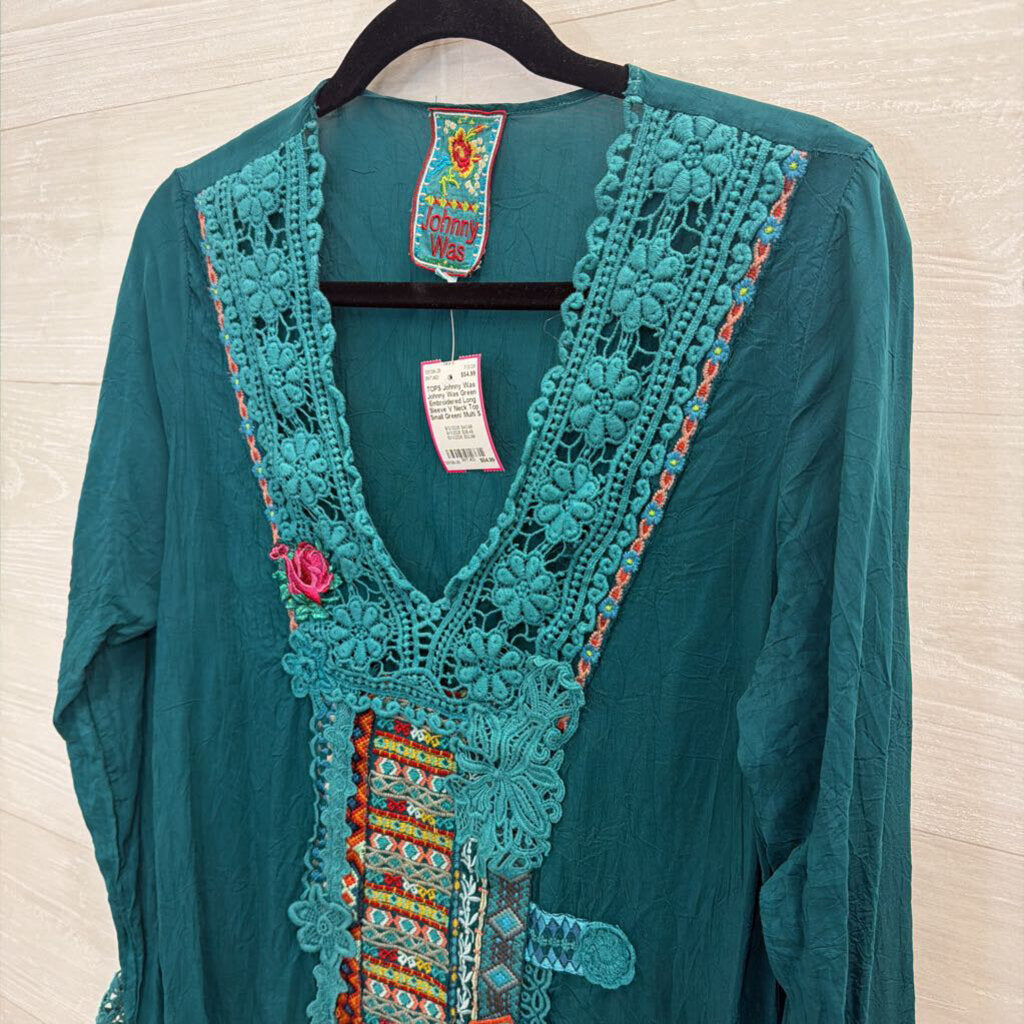 Johnny Was Green Embroidered Long Sleeve V Neck Top Small
