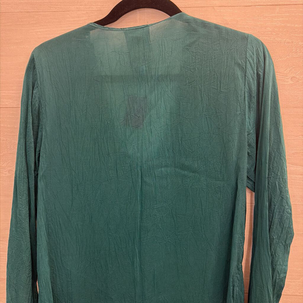 Johnny Was Green Embroidered Long Sleeve V Neck Top Small