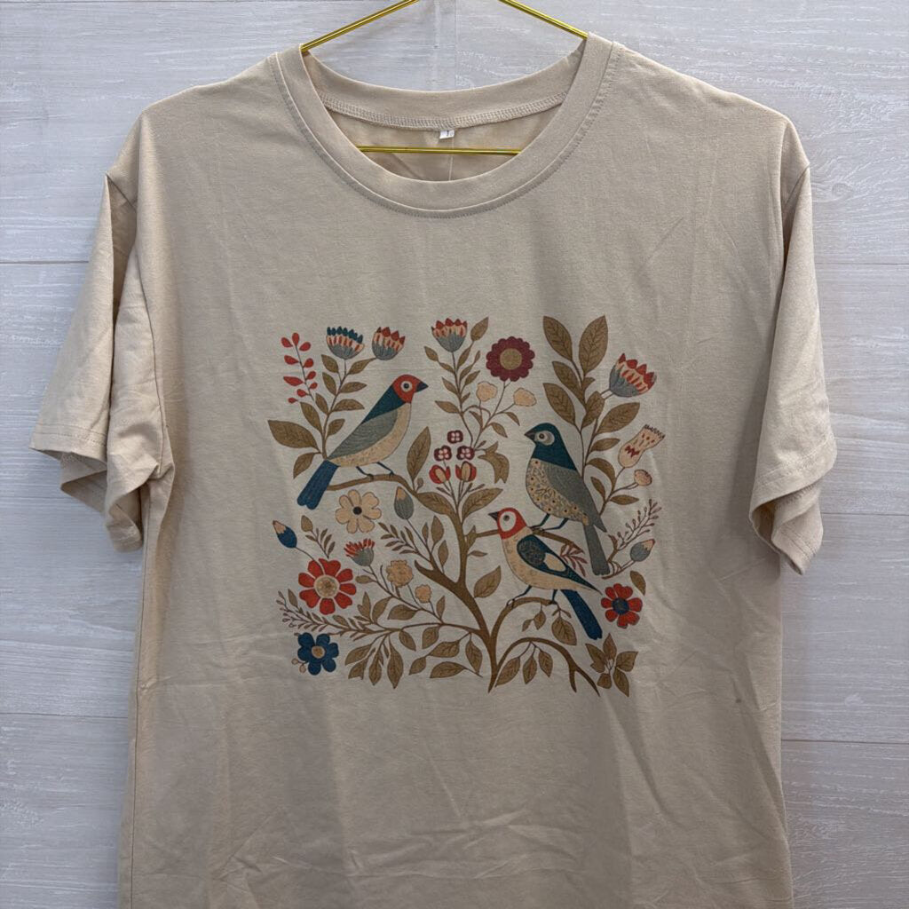 Beige/ Multi Floral Bird Short Sleeve Graphic Tee Large
