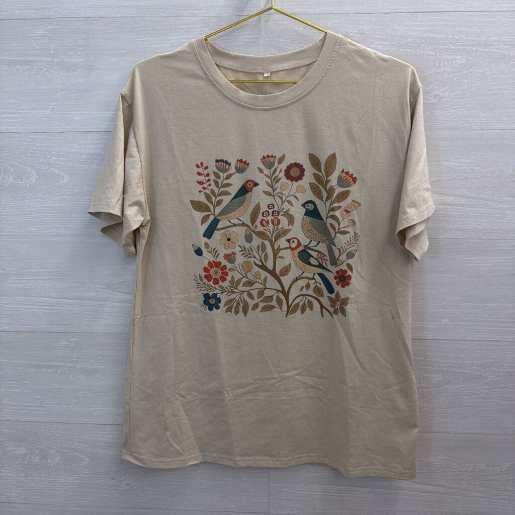 Beige/ Multi Floral Bird Short Sleeve Graphic Tee Large