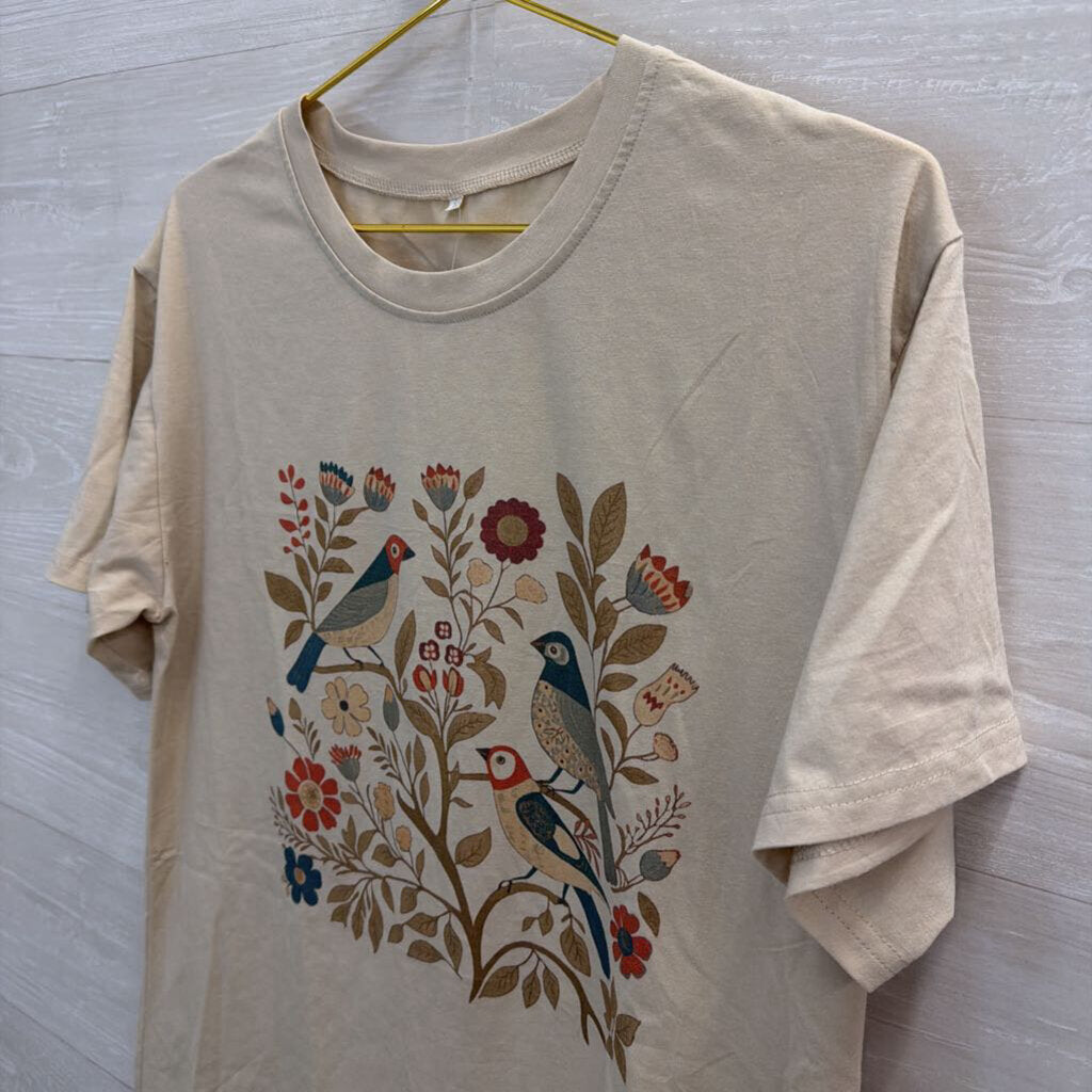 Beige/ Multi Floral Bird Short Sleeve Graphic Tee Large