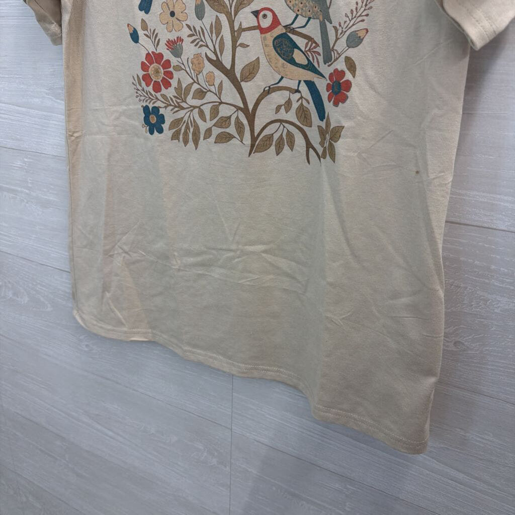 Beige/ Multi Floral Bird Short Sleeve Graphic Tee Large