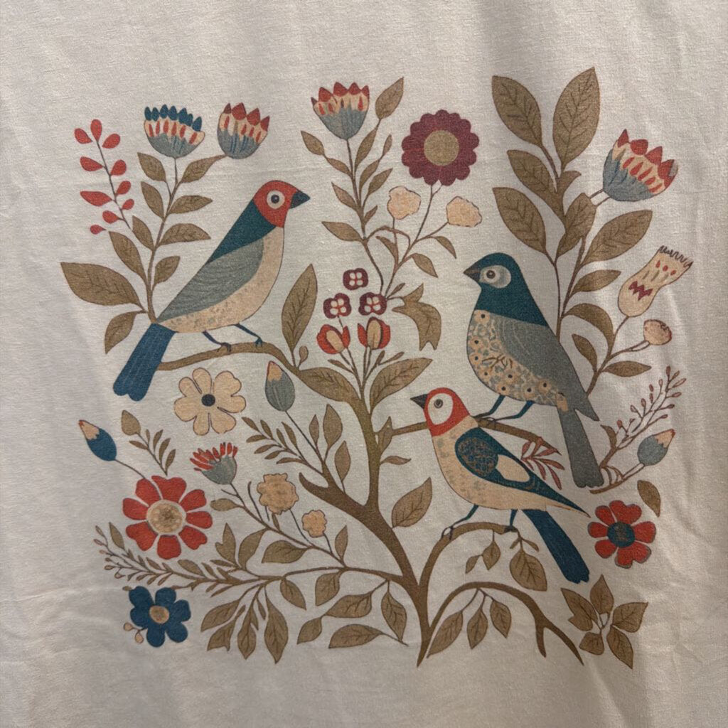 Beige/ Multi Floral Bird Short Sleeve Graphic Tee Large
