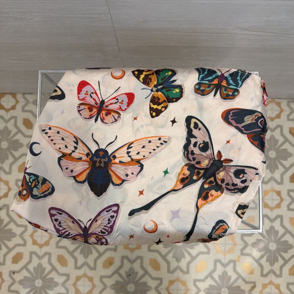 White/ Multi Butterfly Print Silky Scarf