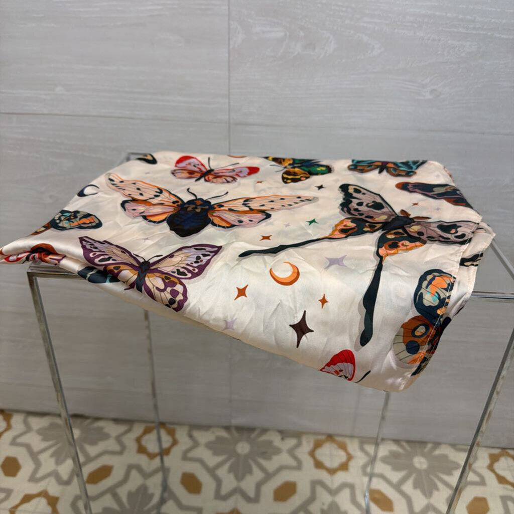 White/ Multi Butterfly Print Silky Scarf