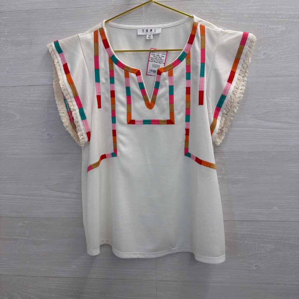 THML White/ Multi Embroidered Short Sleeve Top Extra Small