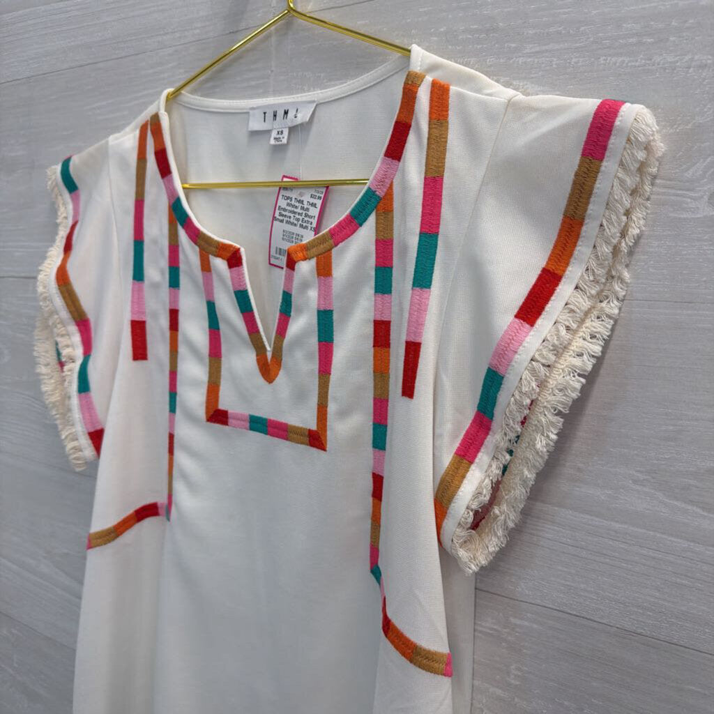 THML White/ Multi Embroidered Short Sleeve Top Extra Small