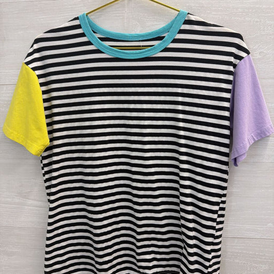 Black/ White Striped Color Block Short Sleeve Top Small