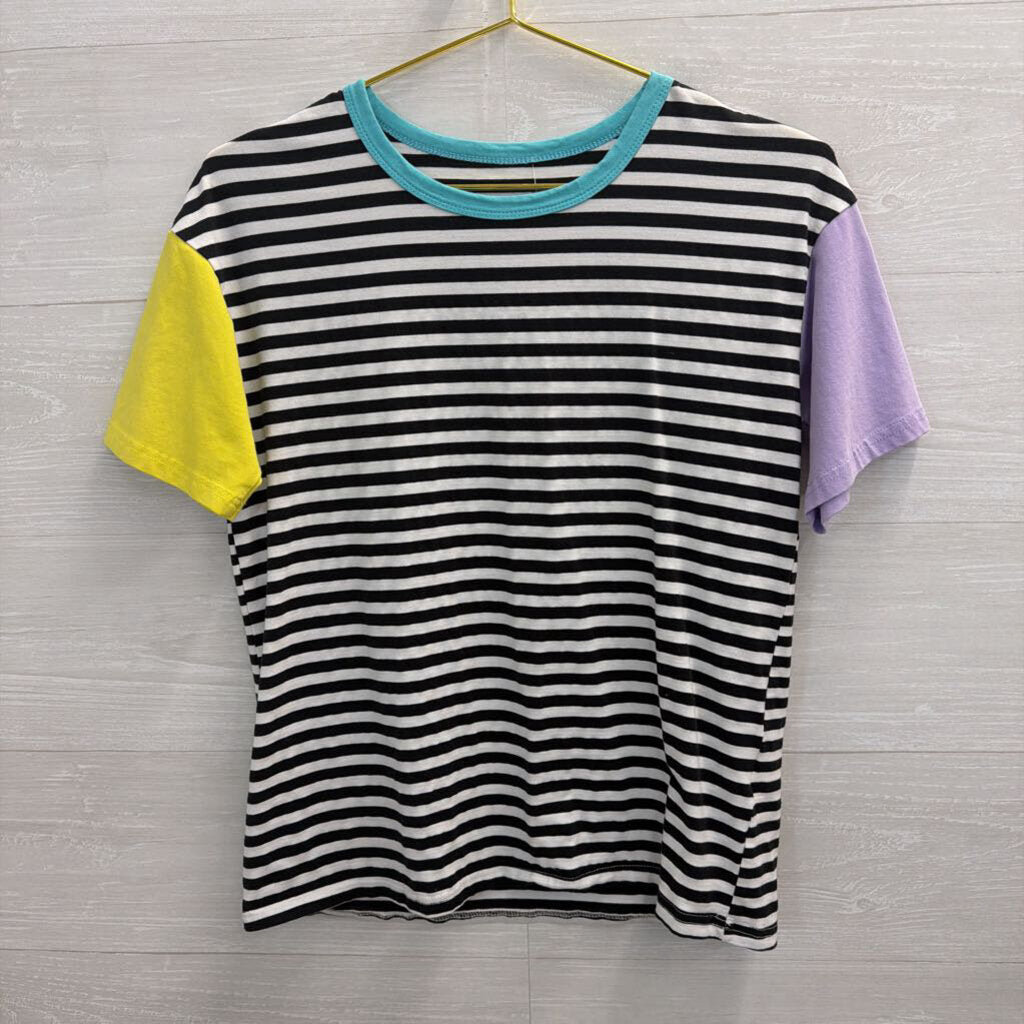 Black/ White Striped Color Block Short Sleeve Top Small