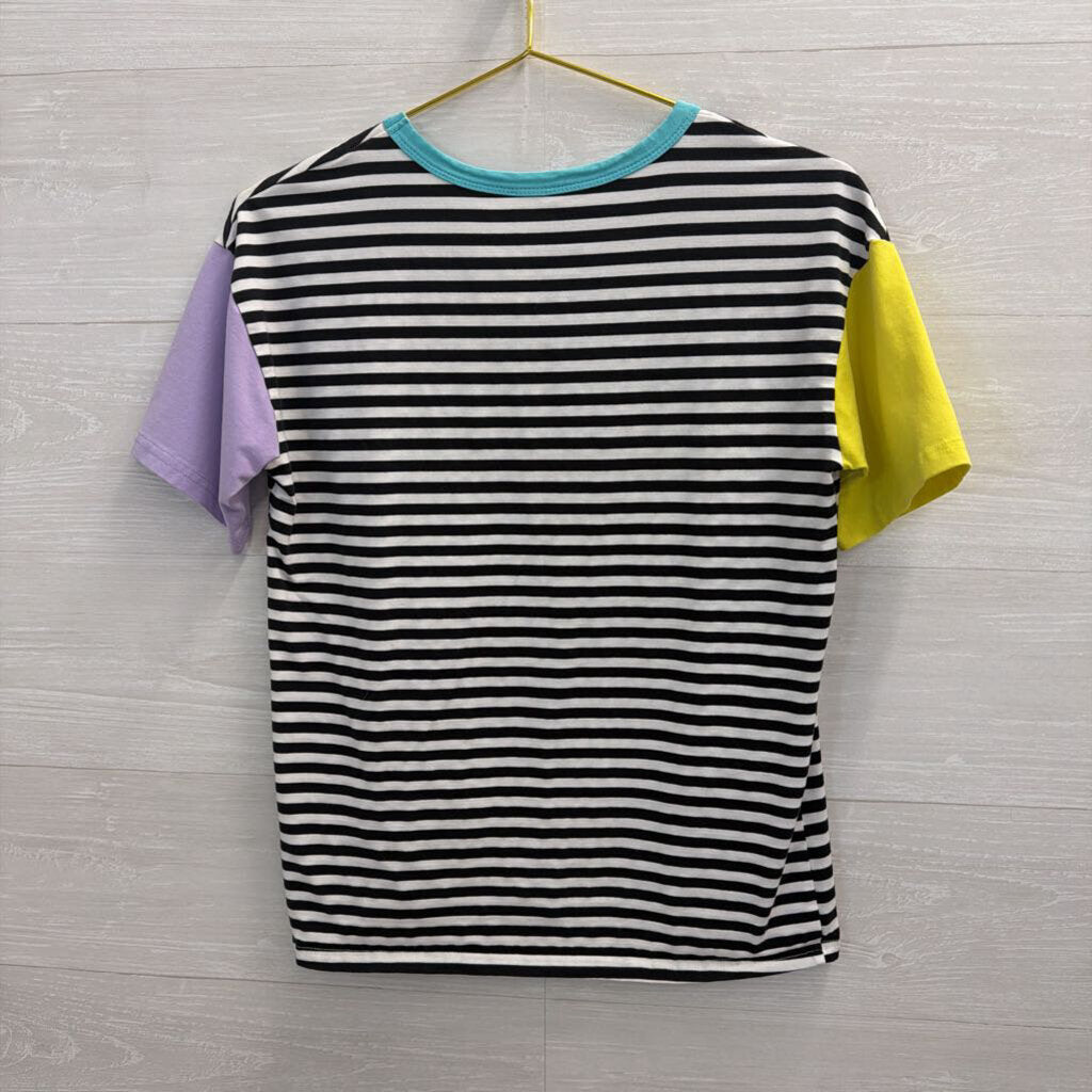 Black/ White Striped Color Block Short Sleeve Top Small