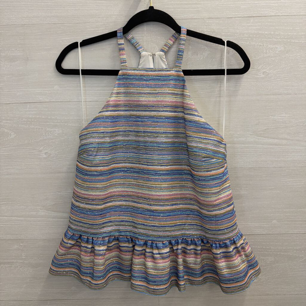 Amanda Uprichard Multi Color Striped Shimmer Halter Ruffle Hem Tank Top Small