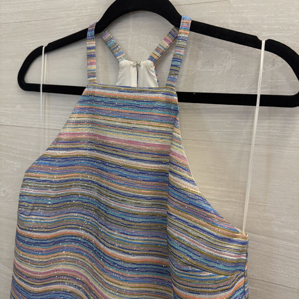 Amanda Uprichard Multi Color Striped Shimmer Halter Ruffle Hem Tank Top Small