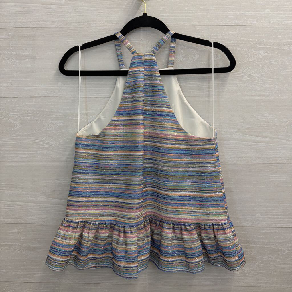 Amanda Uprichard Multi Color Striped Shimmer Halter Ruffle Hem Tank Top Small