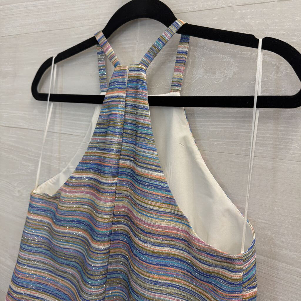 Amanda Uprichard Multi Color Striped Shimmer Halter Ruffle Hem Tank Top Small