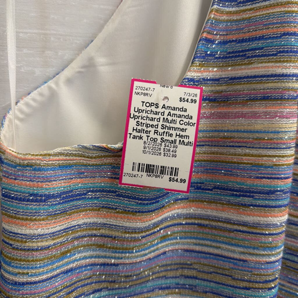 Amanda Uprichard Multi Color Striped Shimmer Halter Ruffle Hem Tank Top Small