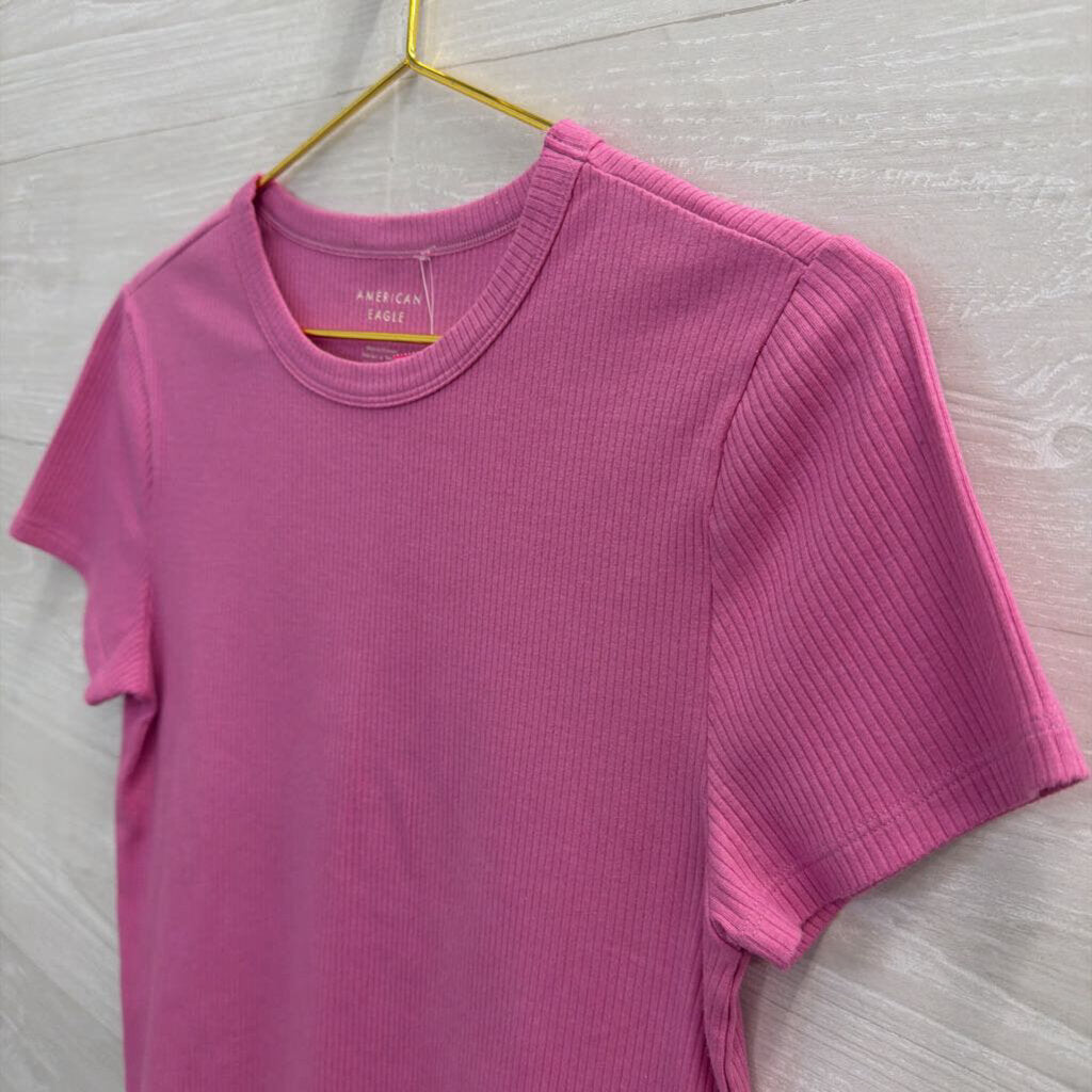 American Eagle Pink Ribbed Short Sleeve Top Large