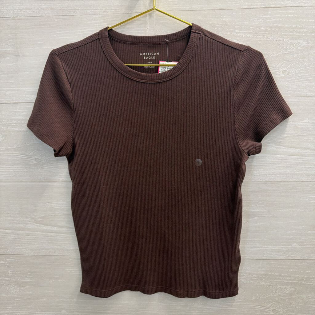American Eagle Brown Ribbed Short Sleeve Top Large