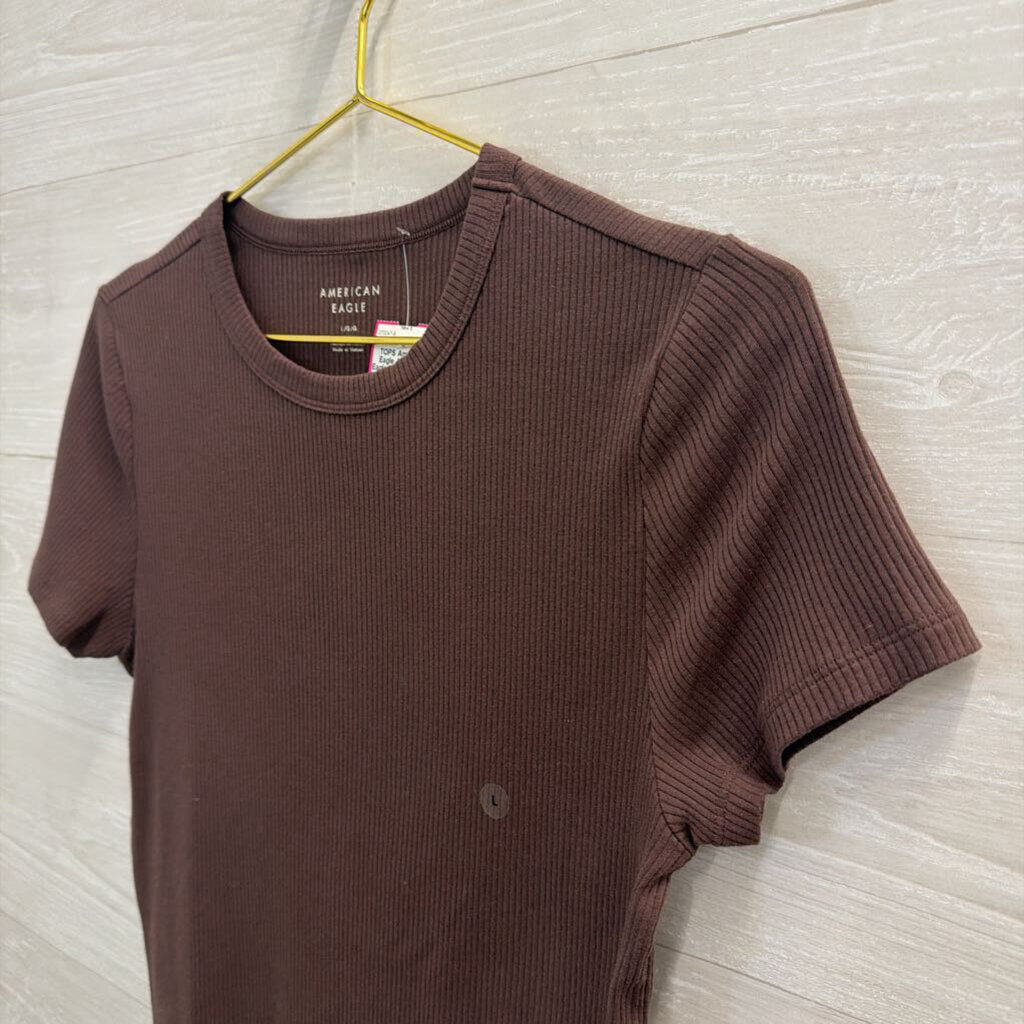 American Eagle Brown Ribbed Short Sleeve Top Large