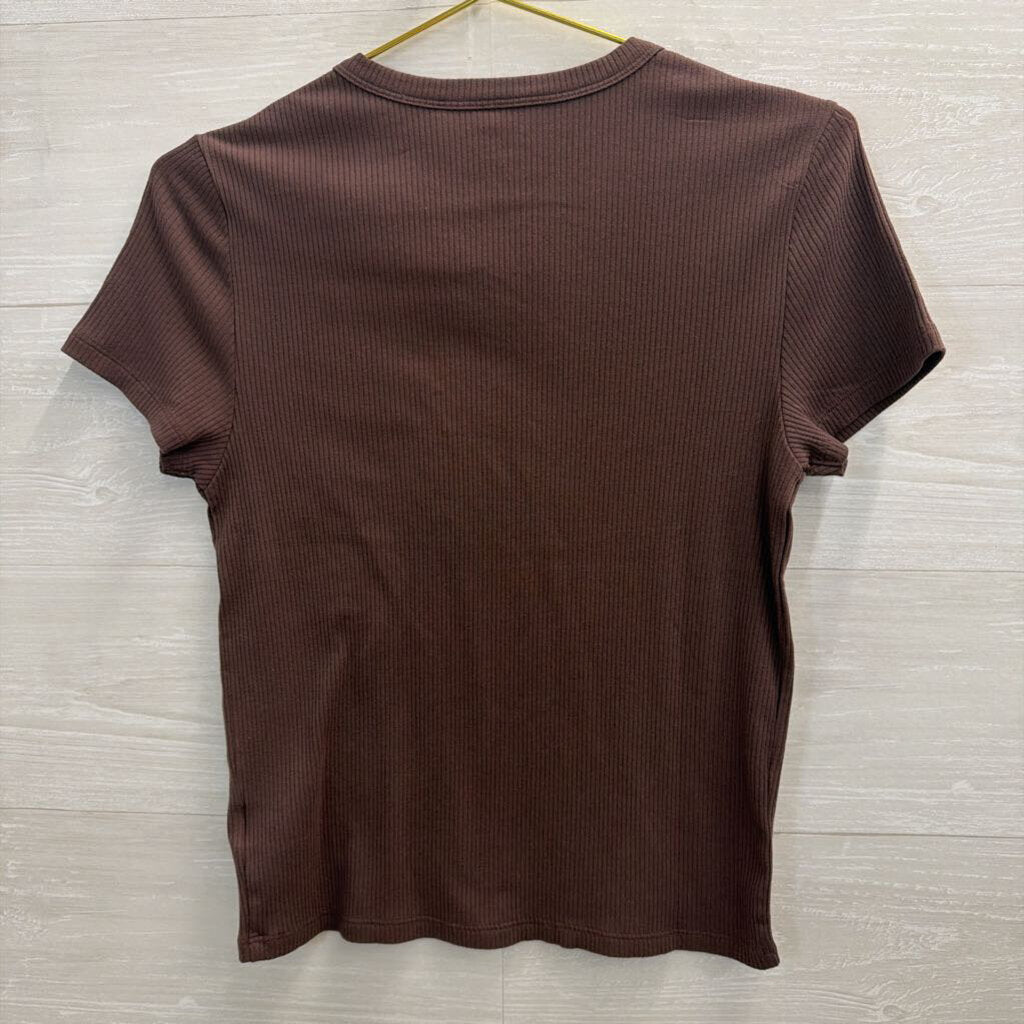 American Eagle Brown Ribbed Short Sleeve Top Large