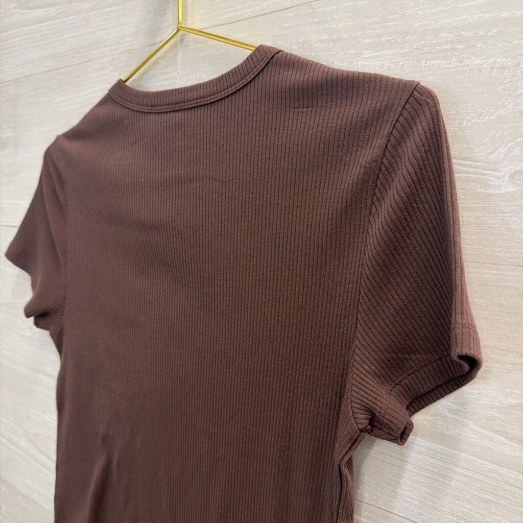 American Eagle Brown Ribbed Short Sleeve Top Large