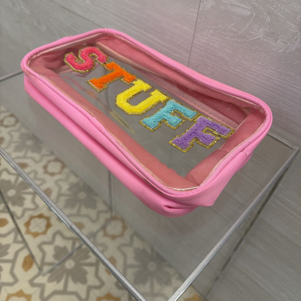 Pink/ Multi Clear 'STUFF' Patch Small Bag