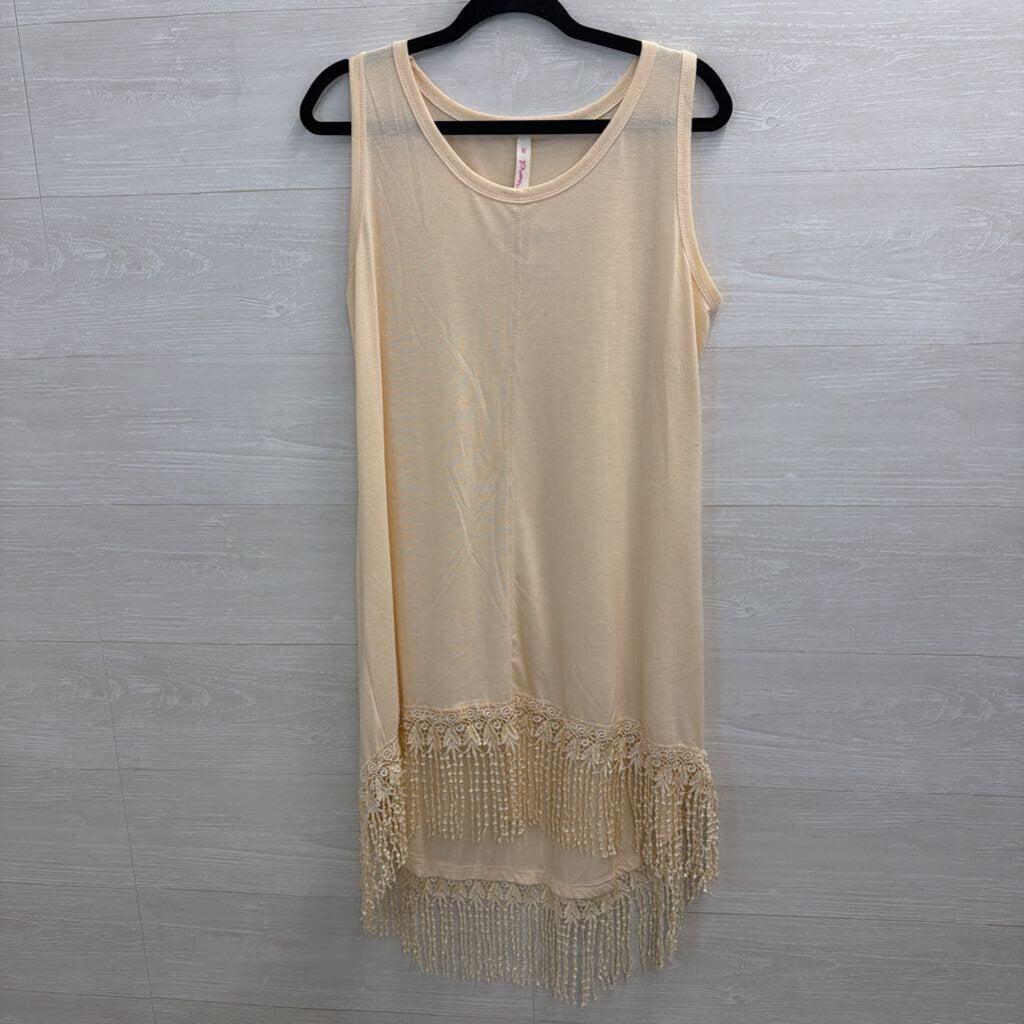 Pretty Angel Beige Sleeveless Fringe Hem Dress Medium
