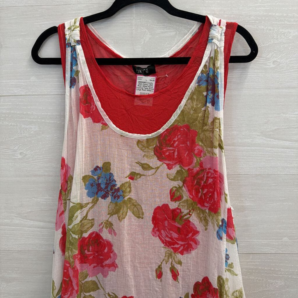 Comfy USA Red/ White Floral Layered Tank Dress Large