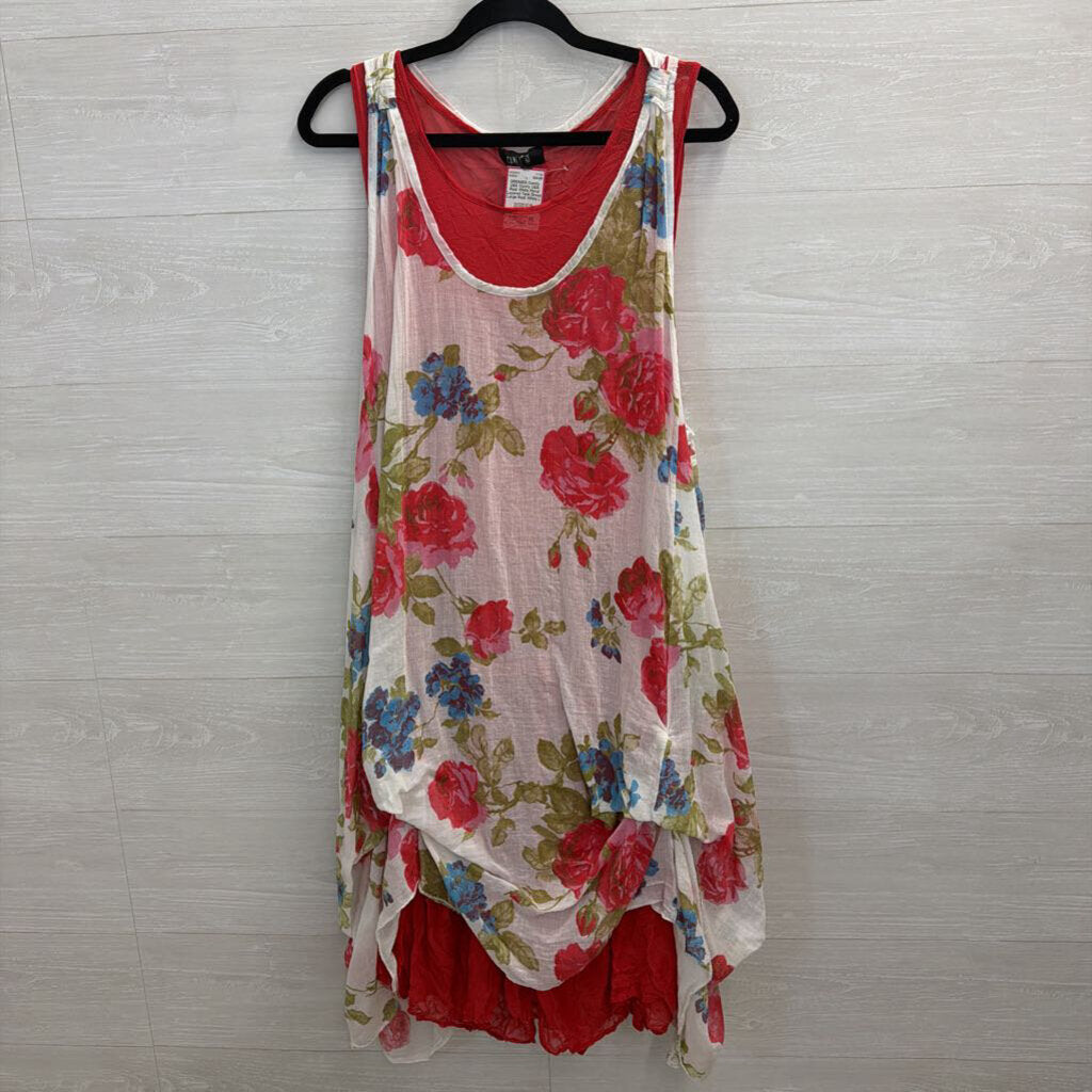 Comfy USA Red/ White Floral Layered Tank Dress Large