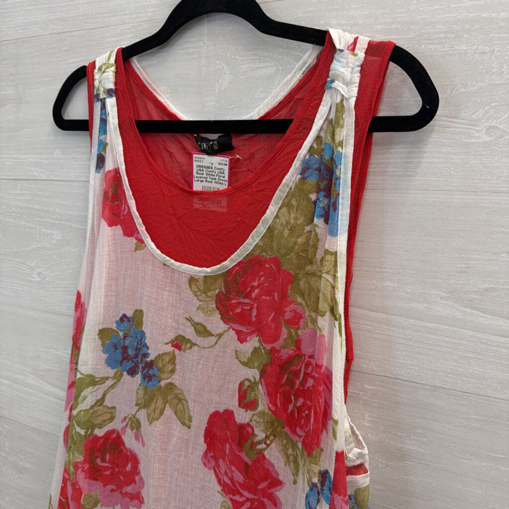Comfy USA Red/ White Floral Layered Tank Dress Large