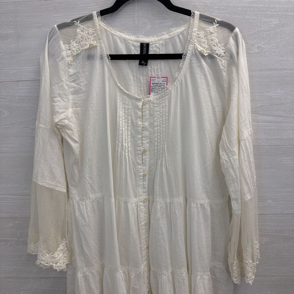Sacred Threads White Long Sleeve Lace Detail Button Front Dress Extra Large