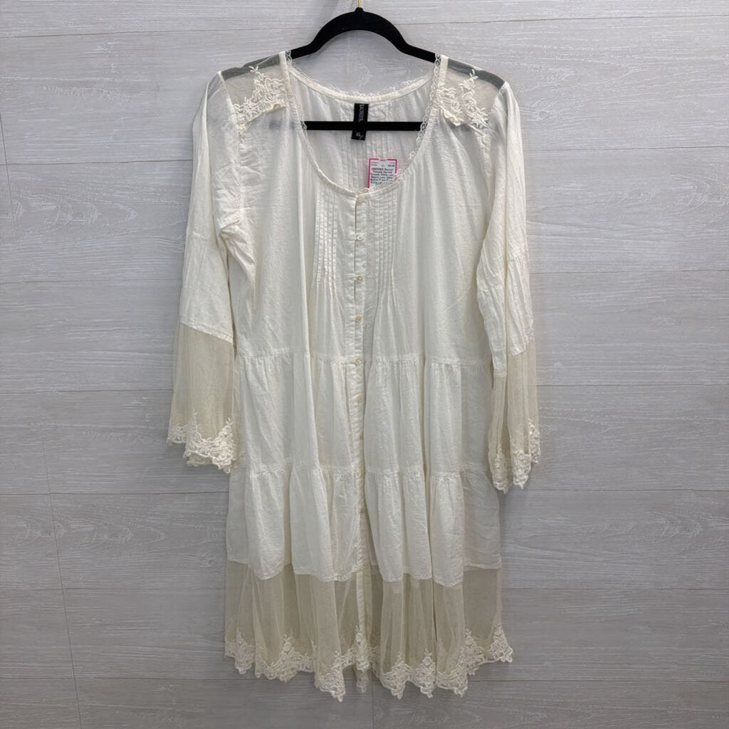 Sacred Threads White Long Sleeve Lace Detail Button Front Dress Extra Large