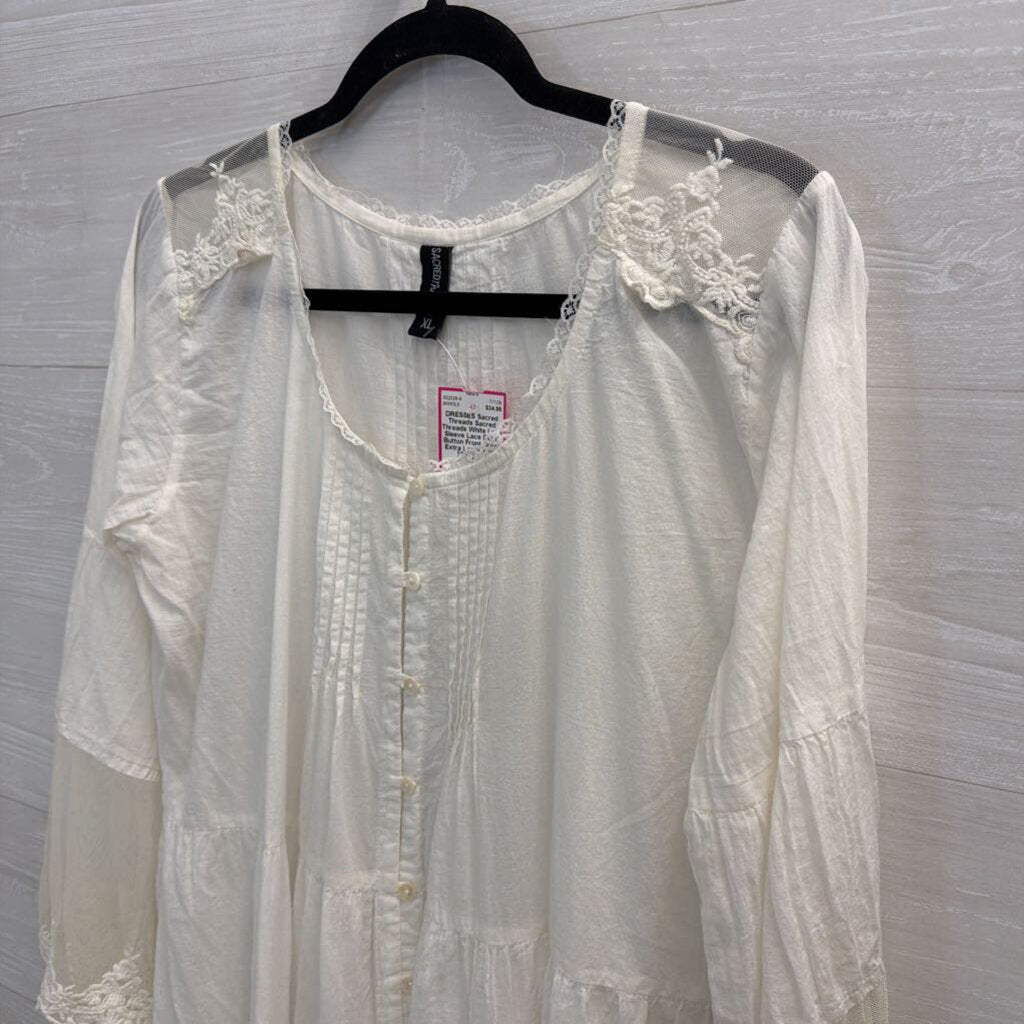 Sacred Threads White Long Sleeve Lace Detail Button Front Dress Extra Large