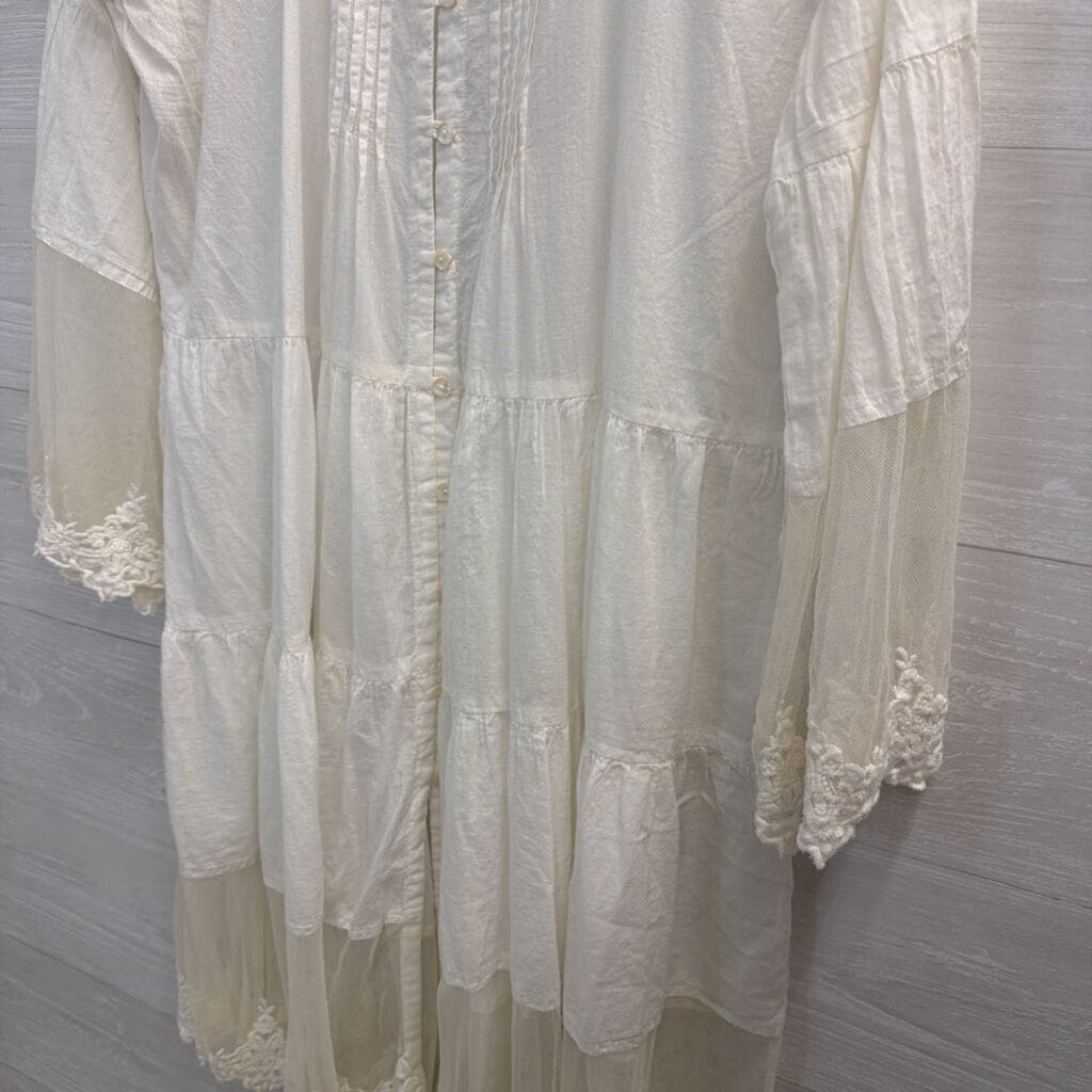 Sacred Threads White Long Sleeve Lace Detail Button Front Dress Extra Large