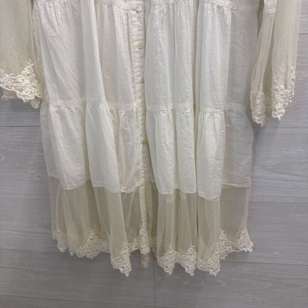 Sacred Threads White Long Sleeve Lace Detail Button Front Dress Extra Large