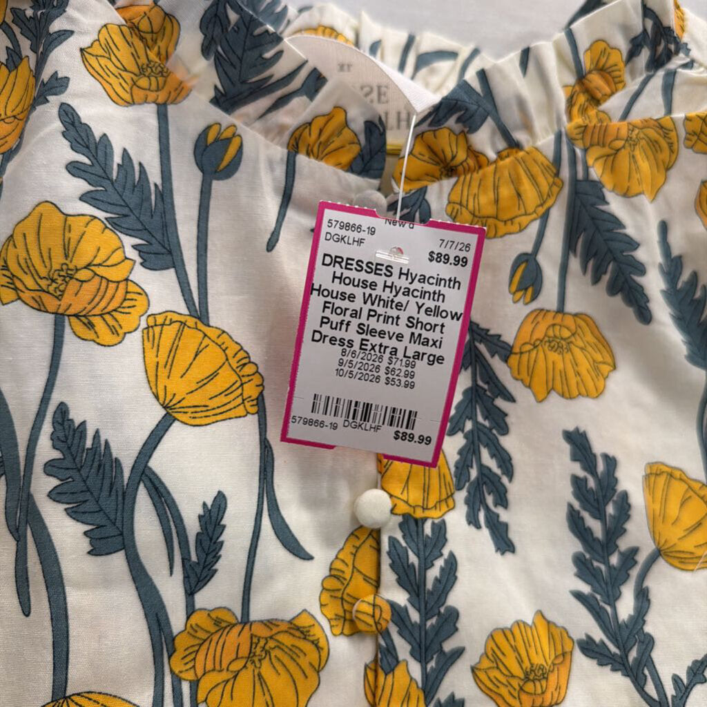 Hyacinth House White/ Yellow Floral Print Short Puff Sleeve Maxi Dress Extra Large