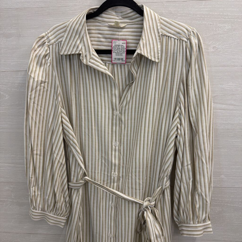 Max Studio White/ Beige Striped Long Sleeve Button Front Tie Waist Maxi Dress Extra Large
