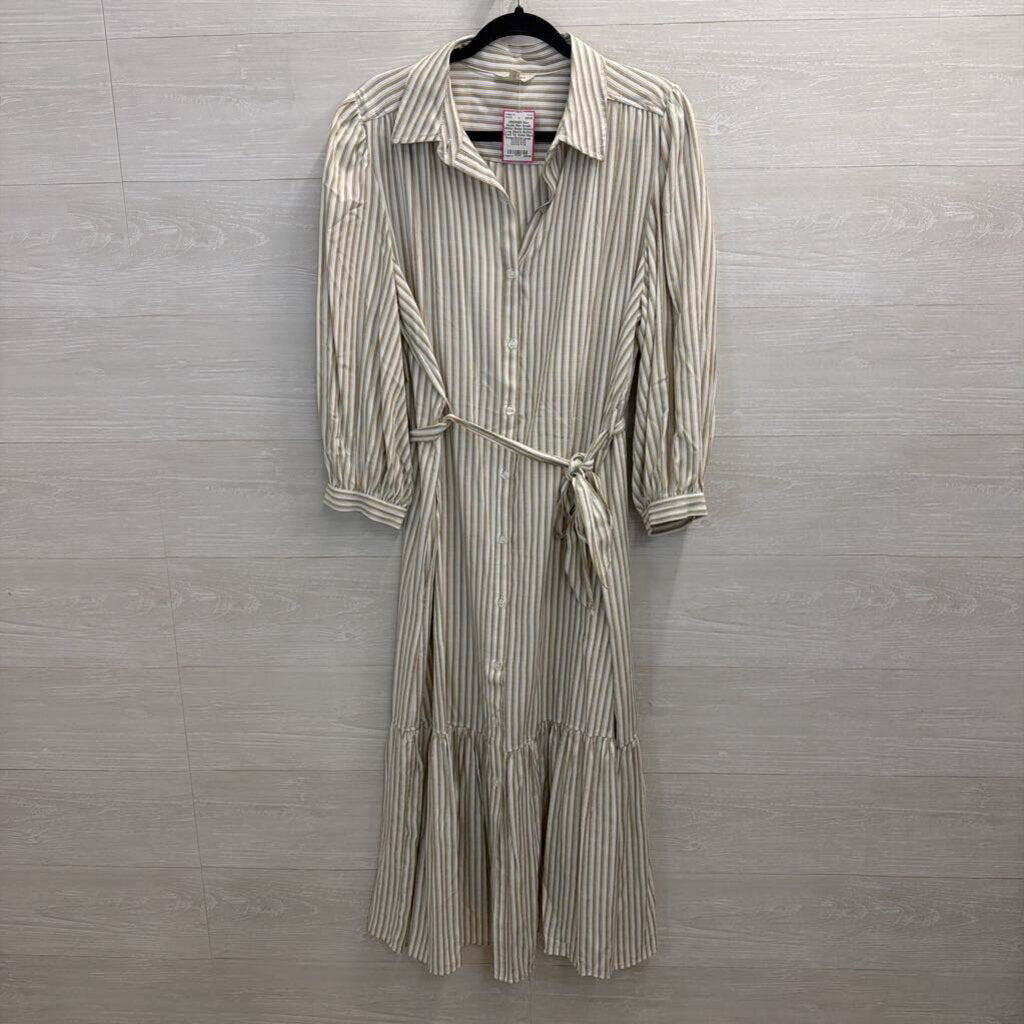 Max Studio White/ Beige Striped Long Sleeve Button Front Tie Waist Maxi Dress Extra Large