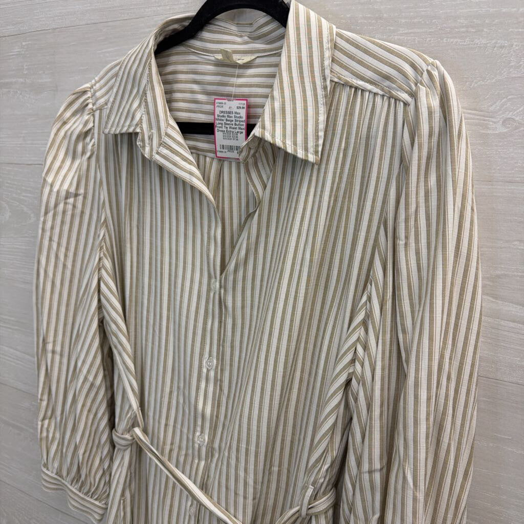 Max Studio White/ Beige Striped Long Sleeve Button Front Tie Waist Maxi Dress Extra Large