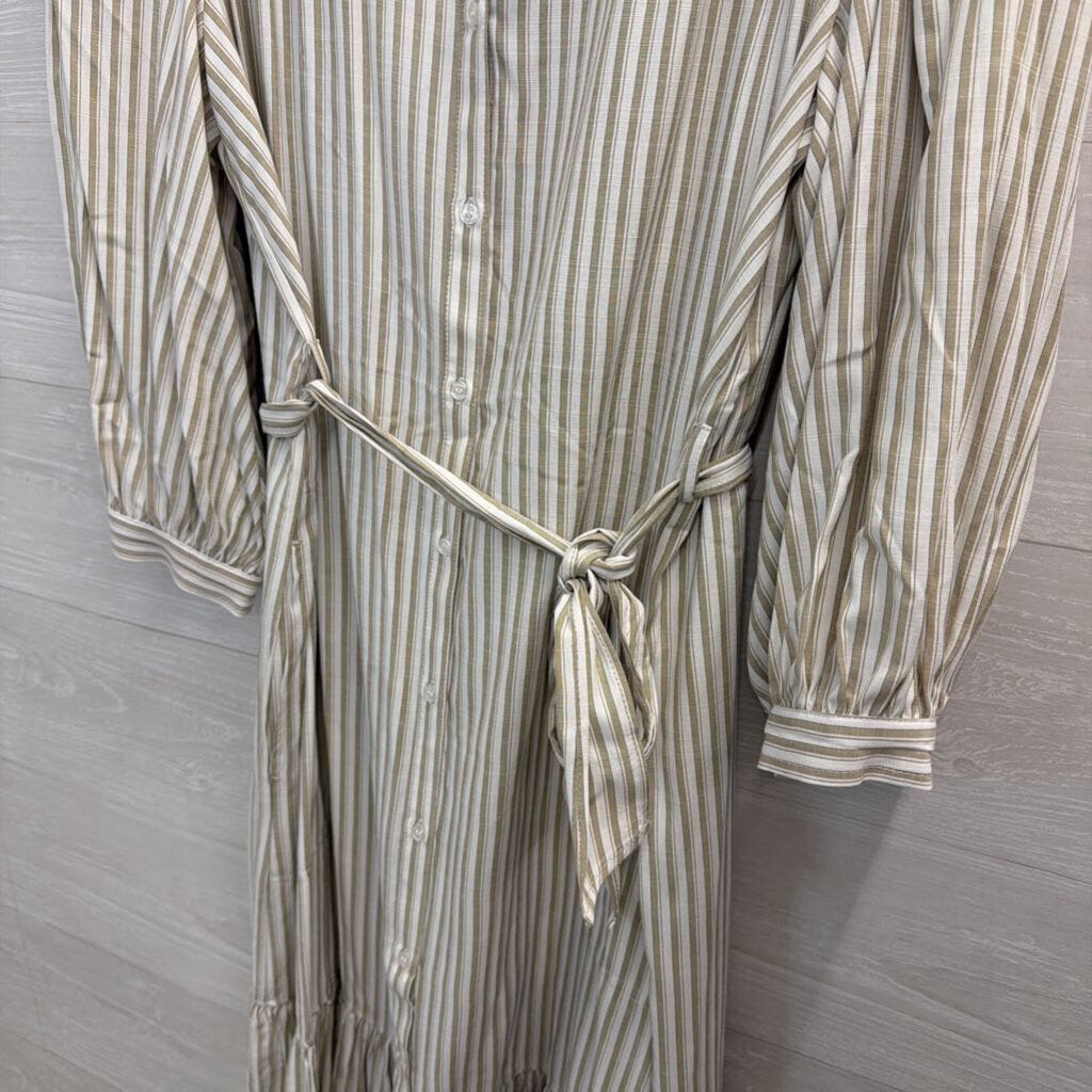 Max Studio White/ Beige Striped Long Sleeve Button Front Tie Waist Maxi Dress Extra Large